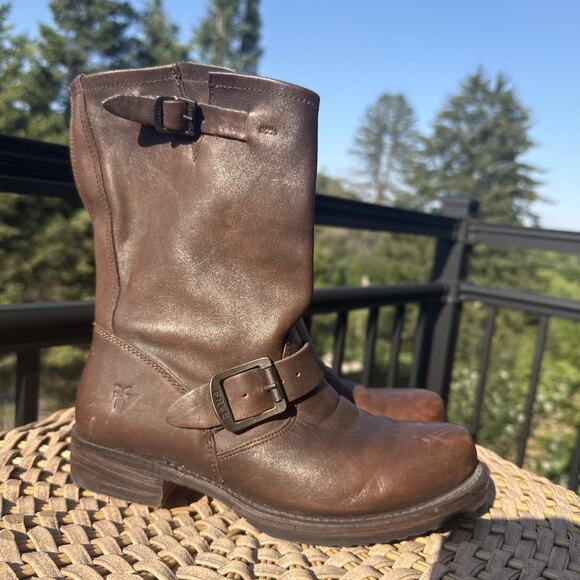 Frye Leather Brown Boots Buckle Mid Calf Pull On Right 6 Left 7 **2 Diff Sizes** - Picture 2 of 16